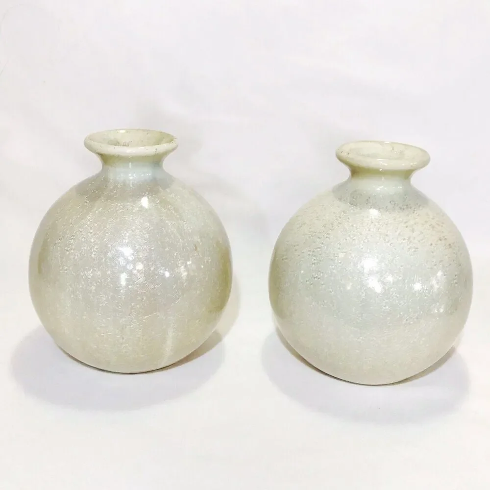 Pair Of Handmade Crystalline Glazed Weed Pots Bud Vases Neutral Decor 5.25”